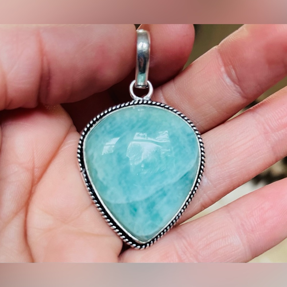 Gorgeous Natural Polished Amazonite Teal Pendant 925 Sterling Silver - Picture 3 of 6